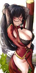 arc_system_works black_hair blazblue breasts cleavage ginga_elyka glasses large_breasts litchi_faye_ling magenta_eyes ponytail staff thick
