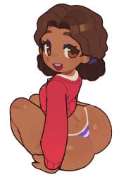 aged_up brown_eyes brown_hair butt_crack cassie_(fnaf) dark-skinned_female dark_skin eyeshadow five_nights_at_freddy's invisible_chair lipstick looking_back purple_eyeshadow purple_lipstick sitting solo striped_thong sweater thong tied_hair wavy_hair yono5 yono51