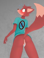 after_sex angry anus ass blush bottom_view bottomless canine clothed clothing cum cum_drip cum_in_pussy cum_inside dripping embarrassed female five_nights_at_freddy's fox foxy_(fnaf) fur looking_at_viewer looking_back mammal maypul_syrup pussy raised_tail rear_view red_fur red_nose rule_63 shirt solo sweat sweatdrop video_games