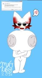 2026 2d_(artwork) annoyed_expression anthro belly_button big_nipples blood_on_face digital_drawing_(artwork) edit edited eyelashes femtanyl giant_breasts light_blue_background munchykirby1 no_vagina open_mouth original_character tagme token_(femtanyl) white_body