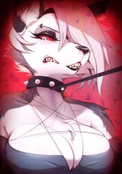 anthro bdsm breasts collar furry goth goth_girl hellhound helluva_boss leash leashed_female loona_(helluva_boss) missaka red_background red_eyes satanic white_fur wolf_girl