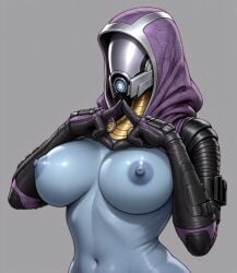 1girls ai_generated alien alien_girl areolae big_breasts bioware blue_body blue_skin breasts female female_only helmet helmet_with_visor hood hood_up mass_effect nipples quarian solo solo_female tagme tali'zorah_nar_rayya visor