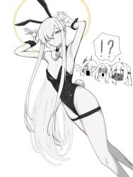 !? animal_ears blue_archive commentary ein_(blue_archive) halo long_hair malkuth_(blue_archive) multiple_girls nagomu_7_56 ohr_(blue_archive) playboy_bunny rabbit_ears rabbit_pose rabbit_tail sof_(blue_archive) tail white_background white_hair yellow_halo