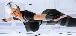 1girls 3d 3d_render acrobatics big_breasts breasts busty christie_(doa) dead_or_alive enslaverofhumanity erect_nipples female female_focus female_only fingerless_gloves glasses gloves hanging_breasts headset large_breasts medium_hair nipple_bulge parody parted_lips silver_hair solo solo_female