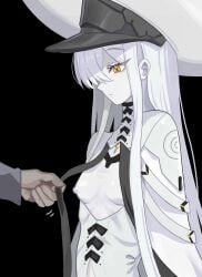 1girl _ _()_ __ ___ _____ ______ black_background blue_archive breast_cutouts breasts crossshaped_pupils dress hair_behind_ear hat highres long_hair malkuth_(blue_archive) nipples peaked_cap raftetram sidelocks small_breasts standing symbolshaped_pupils very_long_hair white_hair yellow_eyes