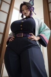 ai_generated belt big_breasts demon_slayer female female_only hand_on_hip jacket kimono kochou_shinobu lipstick purple_clothing thick_thighs viewed_from_below