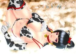 bare_midriff big_breasts black_hair cow_ears cow_horns cow_print cow_print_bikini cow_print_legwear cowbell dead_or_alive hime_cut long_hair looking_at_viewer nyotengu purple_hair sk31450 smile smiling smiling_at_viewer thick_thighs wide_hips
