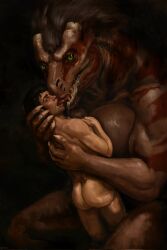 2026 alien arms_on_breasts balhannur big_breasts black_background black_eyebrows black_hair bodily_fluids breasts brown_body brown_scales butt caucasian claws digital_media_(artwork) duo eyebrows female french_kissing green_eyes hair head_horn hi_res holding_another horn huge_breasts human interspecies kissing large_tongue larger_female looking_at_viewer male male/female mammal multi_nostril nude paenitentia painting_(artwork) questionable_consent saliva saliva_string scales sharp_teeth signature simple_background sitting size_difference standing tears teeth upai