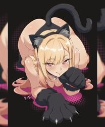 1girl all_fours animal_ears animal_hands artist_name ass black_panties black_socks blonde_hair blush bra breasts cat_ears cat_girl cat_tail cleavage closed_mouth collar commentary curvy ear_piercing english_commentary extra_ears fake_animal_ears fake_tail full_body gloves highres kitagawa_marin large_breasts looking_at_viewer medium_breasts panties paw_gloves piercing pink_eyes red_bra signature socks solo sono_bisque_doll_wa_koi_wo_suru tail thick_thighs thighs thong thong_panties underwear vizaz