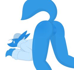 all_fours ass ass_up blue_fur blush bottomless canine clothed clothing female fluffy fluffy_tail fox fur hat looking_back mammal maypul_syrup partially_clothed pussy raised_tail rear_view solo sweater white_eyes