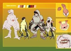 2018 absurd_res animal_genitalia animal_penis anonymous_artist anthro armor breasts capcom cloaca cynane_(tomodachi) diphallia diphallism eyeless ferra_(tomodachi) flying_wyvern futanari hemipenes herm hi_res intersex khezu khezu_(armor) model_sheet monster_hunter monster_hunter_4 multi_penis nipples penis pussy remobra remobra_(armor) scar slightly_chubby snake_wyvern video_games