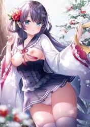 mitsuba_choco original 1girl black_hair black_sailor_collar black_skirt blue_eyes blunt_bangs blush branch breasts breasts_out cameltoe clothes_lift collarbone cowboy_shot flower frilled_sleeves frills hair_flower hair_ornament hair_ribbon holding holding_ribbon leaf long_hair long_sleeves looking_at_viewer nipples panties parted_lips pleated_skirt red_flower ribbon sailor_collar school_uniform serafuku shirt shirt_lift skirt snow solo thighhighs thighs underwear very_long_hair white_panties white_shirt white_thighhighs wide_sleeves winter medium_breasts kimono open_kimono