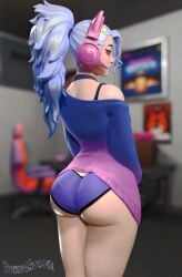 3d 3d_(artwork) absurd_res blender blender_(software) blender_cycles boozeshroom bubble_butt clothed clothed_female dasha_(fortnite) fortnite fortnite:_battle_royale purple_hair solo solo_female solo_focus underwear watermark