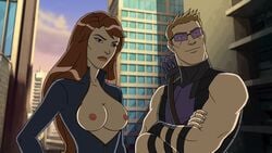 1boy 1girls alpha_male avengers avengers_assemble black_widow_(marvel) bodysuit breasts breasts_out clint_barton edit female hawkeye hawkeye_(series) human ihatesamurais light-skinned_female light-skinned_male light_skin male marvel natasha_romanoff nipples public_nudity red_hair screenshot screenshot_edit ultimate_spider-man unzipped unzipped_bodysuit