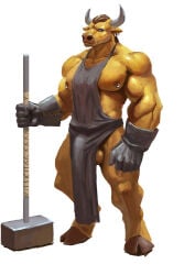 1boy 2017 anthro balls bara furry furry_only gay hammer male male_only microwave_oven_(pixiv12897048) muscular nipple_piercing nipples original piercing simple_background solo tagme taur white_background yaoi
