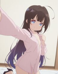 ai_generated beautiful_girl bedroom blue_eyes brown_hair female female_only flat_chest heavenly_body hinatsuru_ai petite_female pretty_girl selfie sexy skinny_female slutty_body slutty_female small_breasts temptation tempting_viewer white_skin