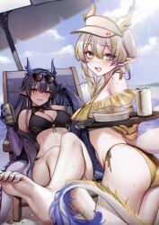 2d 2d_(artwork) 2d_artwork 2girls adult adult_female arknights ass ass_cleavage ass_crack bare_arms bare_belly bare_calves bare_hands bare_hips bare_knees bare_legs bare_midriff bare_navel bare_shoulders bare_skin bare_soles bare_thighs bare_toes barefoot belly big_boobs big_breasts bikini bikini_bottom bikini_only bikini_top black-haired_female black_bikini black_bikini_bottom black_bikini_top black_hair black_swimsuit black_swimwear blue-eyed_female blue_eyes blue_sky breasts brown-eyed_female brown_eyes busty busty_female busty_girl butt calves cap character_request cleavage clouds collarbone crossed_legs crossed_legs_(sitting) curvaceous curvaceous_body curvaceous_female curvaceous_figure curvaceous_hips curvy curvy_body curvy_female curvy_figure curvy_hips day daylight daytime digital digital_art digital_drawing digital_drawing_(artwork) digital_media digital_media_(artwork) dokuro_deluxe drawing ear_piercing ear_piercings earrings elbows exposed exposed_arms exposed_belly exposed_hips exposed_legs exposed_midriff exposed_navel exposed_shoulders exposed_skin exposed_thighs exposed_toes eyebrows_visible_through_hair feet female female_focus female_only food front-tie_bikini front-tie_bikini_top full_body groin hair_between_eyes half_naked half_nude halterneck head_tilt high_resolution highres horizon horn horns hourglass_figure knees large_boobs large_breasts lean_figure legs legs_closed legs_crossed legs_together ling_(arknights) long_hair looking_at_viewer looking_back looking_back_at_viewer mature mature_female midriff multiple_females multiple_girls nail_polish nails naked naked_female naked_woman narrow_waist nude nude_female nudity ocean open_mouth open_mouth_smile outdoor outdoor_nudity outdoors outside parted_lips partially_undressed pierced_ear pierced_ears purple-haired_female purple_arms purple_hair purple_horn purple_horns purple_nail_polish purple_nails purple_toenail_polish purple_toenails resting_arm sea seaside semi_nude serving_tray shoulders shu_(arknights) side-tie_bikini sitting sky slender_body slender_waist slim_female slim_waist smile smiley_face smiling smiling_at_viewer soles string_bikini sunglasses sunglasses_on_forehead sunglasses_on_head swimsuit swimwear tail thick_ass thick_butt thighs thighs_together tilted_head toenail_polish toenails toes tongue tray water watson_cross white-haired_female white_hair white_horn white_horns wide_hips yellow-haired_female yellow_arms yellow_bikini yellow_bikini_bottom yellow_bikini_top yellow_hair yellow_swimsuit yellow_swimwear