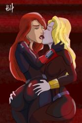 2girls ass ass_grab avengers avengers_assemble black_widow_(marvel) blonde_hair bodysuit closed_eyes female female_only french_kiss french_kissing human kissing light-skinned_female light_skin lipstick marvel marvel_comics multiple_girls natasha_romanoff red_hair sealedhelm sensual voluptuous yelena_belova yuri