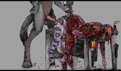 anthro anthro_death black_bars blood bodily_fluids danger death digital_media_(artwork) duo felid female female_death forced from_behind_position gore guro jeffusherb knot letterbox male male/female male_on_top mammal on_top pixel_(artwork) rape rapist saw sex tools