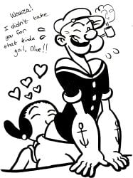 popeye_(series) popeye popeye_the_sailorman olive_oyl anilingus rimming rimming_male oral traditional_media_(artwork) black_and_white pipe sweatdrop hearts 1girls 1boy straight pants_pulled_down clothed english_text