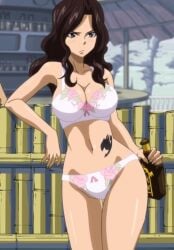 1girl alcohol annoyed black_eyes black_hair blush bottle bow bow_bra bow_panties bra breasts brown_hair cana_alberona cleavage closed_mouth cowboy_shot fairy_tail floral_print frown holding holding_bottle large_breasts leg lingerie long_hair looking_at_viewer navel outdoors panties photoshop_(medium) sake_bottle screencap solo standing stitched tattoo thigh_gap thighs third-party_edit underwear underwear_only wavy_hair white_bra white_panties