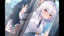 1boy 1girl ahoge bent_over blazer blush breasts chiaki_hikari chikan collared_shirt cowboy_shot embarrassed game_asset grabbing_another's_breast grabbing_from_behind grey_necktie grey_skirt groping hair_between_eyes hair_bun hair_intakes hair_ornament hairclip hand_on_window hands_up jacket lapels large_breasts leaning_forward looking_ahead mahou_shoujo_ririimea medium_hair miniskirt molestation necktie non-web_source nose_blush notched_lapels official_art open_mouth parallel_hairclips pillarboxed pleated_skirt school_uniform self-datamine shirt single_hair_bun skirt tears train_interior trembling white_hair white_jacket white_shirt wilted_ahoge yellow_eyes ymkrnchan