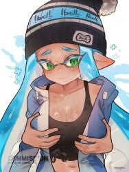 blue_hair blush bobblehat breast_grab cleavage coat grabbed_from_behind green_eyes inkling inkling_girl large_breasts midriff navel nintendo open_coat splatoon splatoon_oc sweat tank_top tentacle_hair twintails twowontwo