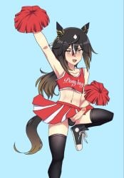 1boy absolute_territory big_penis black_hair black_legwear black_sneakers black_thighhighs cheerleader cheerleader_uniform femboy ftm_crossgender gradient_hair horse_boy horse_ears horse_tail otoko_no_ko pom_poms red_cheerleader_outfit red_pom_poms sneakers stay_gold_(umamusume) the_freakin'_yui thighhighs tummy umamusume