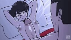 1boy 1girls 2d 2d_animation anikiki_kun animated armpits arms_up bouncing_breasts choker female flat_chest freckles glasses kiki_(anikiki_kun) male naizuri nude oc on_back original original_character paizuri short_hair small_breasts