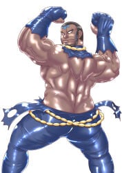 1boy 2021 ass back_view bara big_ass black_hair blue_hair butt_crack dark_skin flexing gay genta_iwayama male male_only matt_(pokemon) muscular pokemon sanpaku simple_background solo two-tone_hair white_background yaoi