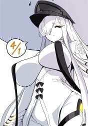 1girl absurdres alternate_breast_size_(larger) black_bow black_thighhighs blue_archive bow breast_curtains breasts cleavage coat colored_skin commentary covered_erect_nipples decagrammaton_(blue_archive) from_below hair_over_one_eye hat highres large_breasts large_hat long_sleeves looking_at_viewer looking_down malkuth_(blue_archive) nogawa_seroly parted_lips peaked_cap sideboob simple_background solo speech_bubble standing symbolshaped_pupils thighhighs underboob white_background white_coat white_hair white_hat white_skin xshaped_pupils yellow_eyes