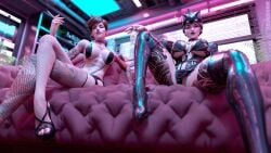 2girls blizzard_entertainment female female_only fishnet_stockings fishnets harness hoop_earrings kiriko_(overwatch) latex lewdink looking_at_viewer low-angle_view overwatch smoking tattoo tracer