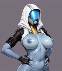 1girls ai_generated alien alien_girl areolae big_breasts bioware blue_body blue_skin breasts female female_only helmet helmet_with_visor hood hood_up mass_effect nipples quarian solo solo_female tagme tali'zorah_nar_rayya visor