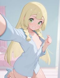 ai_generated beautiful_girl bedroom blonde_female breasts_out female female_only flat_chest green_eyes heavenly_body lillie_(pokemon) petite_female pink_nipples pretty_girl selfie sexy skinny_female slutty_body slutty_female small_breasts temptation tempting_viewer white_skin