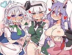3girls animal_ears apron arm_under_breasts ascot black_bow black_bowtie black_hairband black_jacket blazer blue_dress blue_eyes blush bow bowtie braid breasts clothes_lift collared_shirt commentary_request dress drooling fellatio_gesture green_ascot green_bow green_eyes green_skirt green_vest grey_hair hair_bow hairband heart highres hitodama hitodama_print izayoi_sakuya jacket konpaku_youmu konpaku_youmu_(ghost) large_breasts lifting_own_clothes long_hair long_sleeves maid maid_headdress minoru_minoru mouth_drool multiple_girls necktie nipples no_panties open_clothes open_jacket open_mouth open_shirt pinafore_dress pink_skirt puffy_short_sleeves puffy_sleeves purple_hair pussy_juice pussy_juice_on_fingers rabbit_ears rabbit_girl rabbit_tail red_eyes red_necktie reisen_udongein_inaba sakuya_izayoi shirt short_sleeves skirt skirt_lift skirt_set sleeveless sleeveless_dress tail tongue tongue_out touhou twin_braids undone_necktie vest waist_apron white_shirt white_wrist_cuffs wrist_cuffs youmu_konpaku