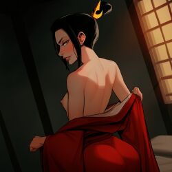 1girls ai_generated amber_eyes avatar_the_last_airbender azula bed bedroom bedroom_eyes black_hair breasts breasts_out clothing crazy crown_braid female female_focus female_only golden_eyes head_tilt looking_at_viewer medium_breasts messy_hair nude nude_female off_shoulder open_robe ponytail pussy robe robe_only shaved_pussy sidelocks sole_female solo solo_female solo_focus undressing yellow_eyes
