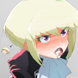 1boy 1femboy after_ejaculation after_oral after_sex androgynous blonde_hair blush blushing blushing_profusely bob_cut clothed clothing cum cum_in_mouth embarrassed face_focus femboy femboy_only femboysub feminine_faced_male feminine_male gay leather leather_clothing leather_jacket lio_fotia nervous open_mouth petite petite_body petite_male promare short_hair short_male slim slim_male slim_waist solo submissive_male swallowing swallowing_cum thin_waist tsundere twink yaoi