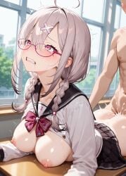 ai_generated backdoor_style backshot blush breasts_out classroom_setting classroom_sex crying crying_with_eyes_open cumming cumming_in_ass erect_nipples exposed_ass exposed_breasts fucked_from_behind glasses glasses_on_face grey_hair_female gritted_teeth high_school_student high_school_uniform light-skinned_female male_on_female male_penetrating_female medium_boobs medium_breasts medium_tits naked_male nijisanji sukoya_kana tears trying_not_to_moan virtual_youtuber vtuber