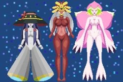 amaterasumon digimon drool glowing_eyes goddess grey_skin helmet karakurumon large_breasts lilamon mind_control nude nyarukavt pink_skin pixel_art plant_girl puppet red_skin robot robot_girl simple_background small_breasts