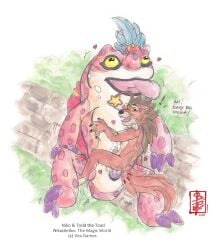 amphibian anal animal_genitalia anthro anthro_on_feral balls bestiality big_top_small_bottom bodily_fluids cloaca cowgirl_position cum deep_penetration duo eye_roll fennec_(artist) feral feral_on_top frog from_front_position genital_fluids genitals hair headdress herpestid hi_res humping lying male male/male mammal mongoose mount nikoderiko nikoderiko_the_magical_world on_bottom on_top painting_(artwork) penetration penis precum saddle sex simple_background size_difference size_play small_on_top text toad_(frog) todd_the_toad_(nikoderiko) tongue tongue_out traditional_media_(artwork) watercolor_(artwork)