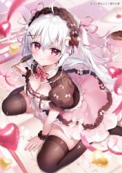 mitsuba_choco original 1girl ahoge black_thighhighs blush book breasts cleavage closed_mouth from_above hair_ornament hair_ribbon hairband hand_up holding holding_pen large_breasts looking_at_viewer looking_up open_book pen pink_ribbon ribbon short_sleeves sitting skirt smile solo thighhighs v-bangs wariza white_hair wrist_cuffs x_hair_ornament