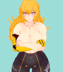 1girls 3d 3d_model arms_crossed_under_breasts big_breasts blonde_female blonde_hair breasts half-dressed half_naked half_naked_female long_hair long_hair_female onlyrubez purple_eyes robotic_arm rwby solo_female yang_xiao_long