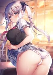 mitsuba_choco original 1girl ass black_sweater_vest blue_sailor_collar blurry blurry_background blush breasts chair clothes_lift desk evening fang frilled_panties frills grey_eyes grey_hair grey_skirt hair_between_eyes hair_ornament hair_ribbon hairclip indoors lens_flare lifting_own_clothes long_hair looking_at_viewer medium_breasts panties parted_lips plaid_clothes plaid_skirt ribbon ribbon-trimmed_panties ribbon_trim sailor_collar school_chair school_desk school_uniform serafuku shirt side-tie_panties sidelocks skirt skirt_lift solo sunset sweater_vest thighs twintails underwear white_panties white_shirt sailor_uniform