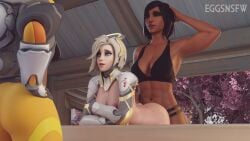 overwatch mercy angela_ziegler pharah tracer lena_oxton half-dressed from_behind sex sex_from_behind doggy_style eggsnsfw implied_sex ambiguous_penetration butt breasts sports_bra blizzard_entertainment 3d