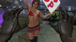 1girls 1male 3d 3d_(artwork) 3dcg absurd_resolution bare_shoulders beautiful_girl beautiful_woman belly black_stockings blue_eyes cleavage collarbone cutscene deadpool deadpool_(game) deadpool_(series) dialogue fangirl filtered game_cg happy_female high_quality high_resolution huge_breasts male_pov marvel mature_female mature_woman navel number-1_fan_girl plaid_miniskirt plaid_skirt posing red_bikini_top red_miniskirt red_plaid_skirt red_skirt short-haired_female stockings subtitled tartan_skirt