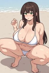 green_eyes brunette brunette_hair brunette_female brunette-haired_female micro_bikini white_bikini beach squatting feet