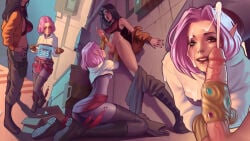 1futa 1girls black_hair cum cum_on_clothes cum_on_face cybernetic_arm cybernetic_limb cybernetics cyberpunk elf elf_ears elf_female facial feathers fisting fisting_ass futa_on_female futa_penis futanari gun handjob heterochromia hologram holographic_display hoodie indfald kneeling kneeling_handjob navel penis pink_hair power_bottom prostitution shy skintight_bodysuit soliciting tall_futa thigh_high_boots veiny_penis vibrating vibrating_cybernetic_limb
