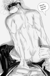 2boys abs absurdres anal back blindfold clothes_pull commentary cum cum_overflow english_commentary english_text eyelashes geto_suguru gojo_satoru greyscale highres holding_another's_wrist jujutsu_kaisen looking_back male_focus male_penetrated monochrome multiple_boys ogata69 open_mouth pants pants_pull penis pubic_hair puff_of_air sex sex_from_behind short_hair shoulder_blush sideburns simple_background speech_bubble white_background yaoi