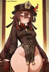 ai_generated iduniar hu_tao_(genshin_impact) genshin_impact hoyoverse mihoyo 1girl solo brown_hair hat breasts thighs wide_hips red_eyes twintails long_hair looking_at_viewer long_sleeves symbol-shaped_pupils chinese_clothes thick_thighs blush flower very_long_hair groin no_panties pelvic_curtain hat_flower