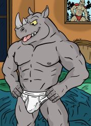 2026 anthro armor bedroom black_text briefs bulge clothing detailed_bulge grey_body grey_horn hand_on_leg hand_on_thigh hi_res horn inside lagomorph leporid male mammal monotone_briefs monotone_clothing monotone_underwear nipples open_mouth painting_(object) rabbit rhinoceros rocksteady solo teenage_mutant_ninja_turtles teeth_showing text tighty_whities underwear white_briefs white_clothing white_underwear wielder13 wielder13_(artist) yellow_sclera
